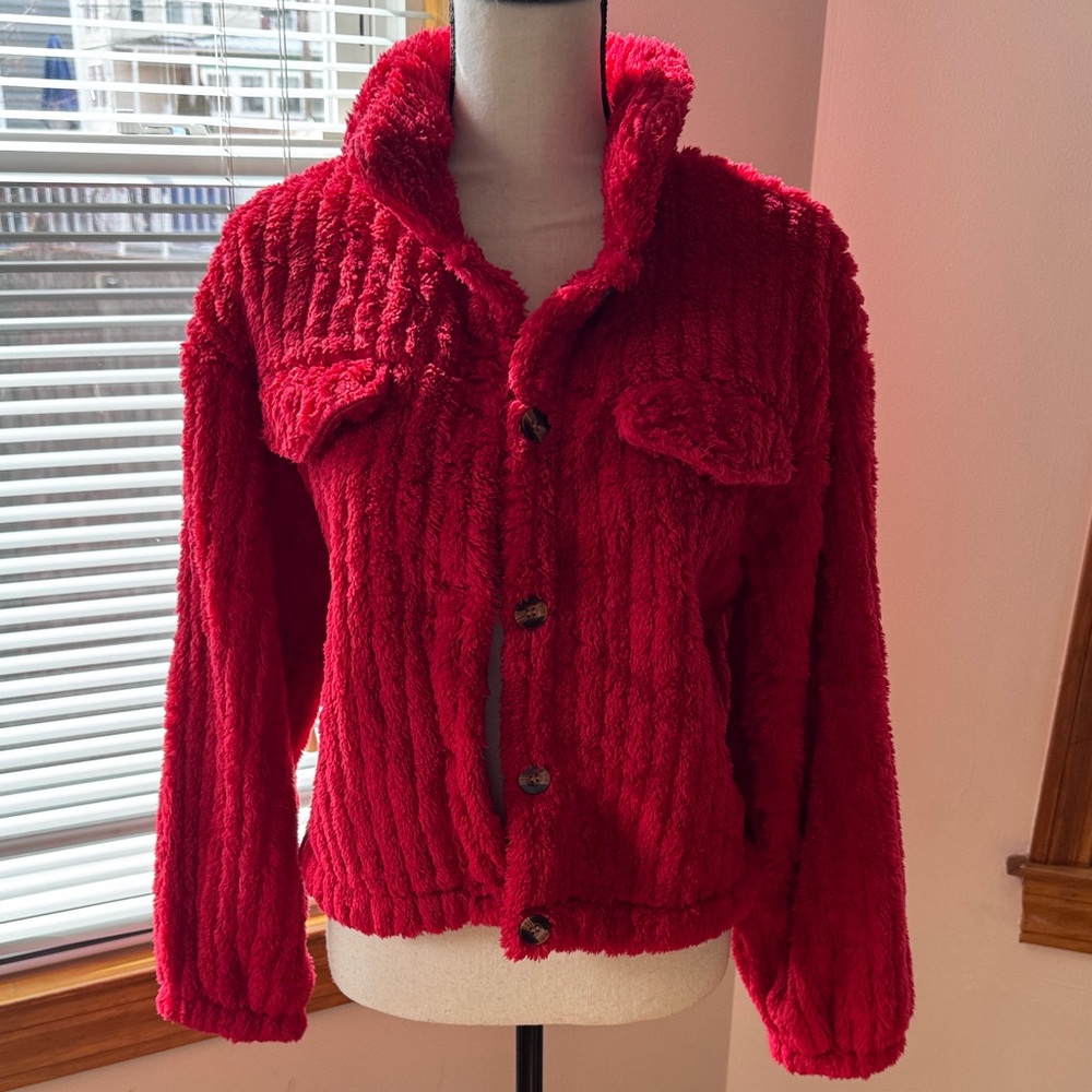 Women's Plush Red‎ Teddy Jacket with Button Front
